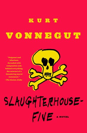 Red and yellow paperback cover of Slaughterhouse-Five by Kurt Vonnegut.
